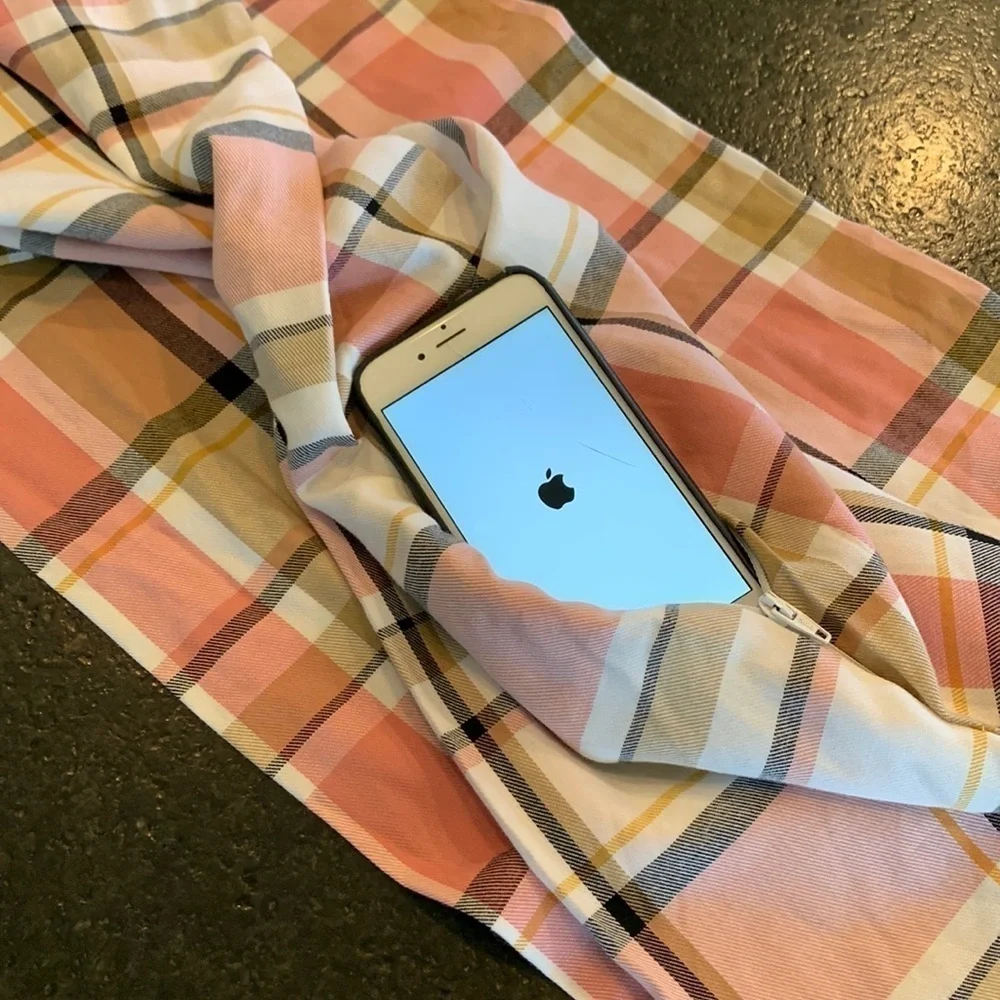 Infinity scarf with phone pocket blush gray khaki cream plaid soft & cozy